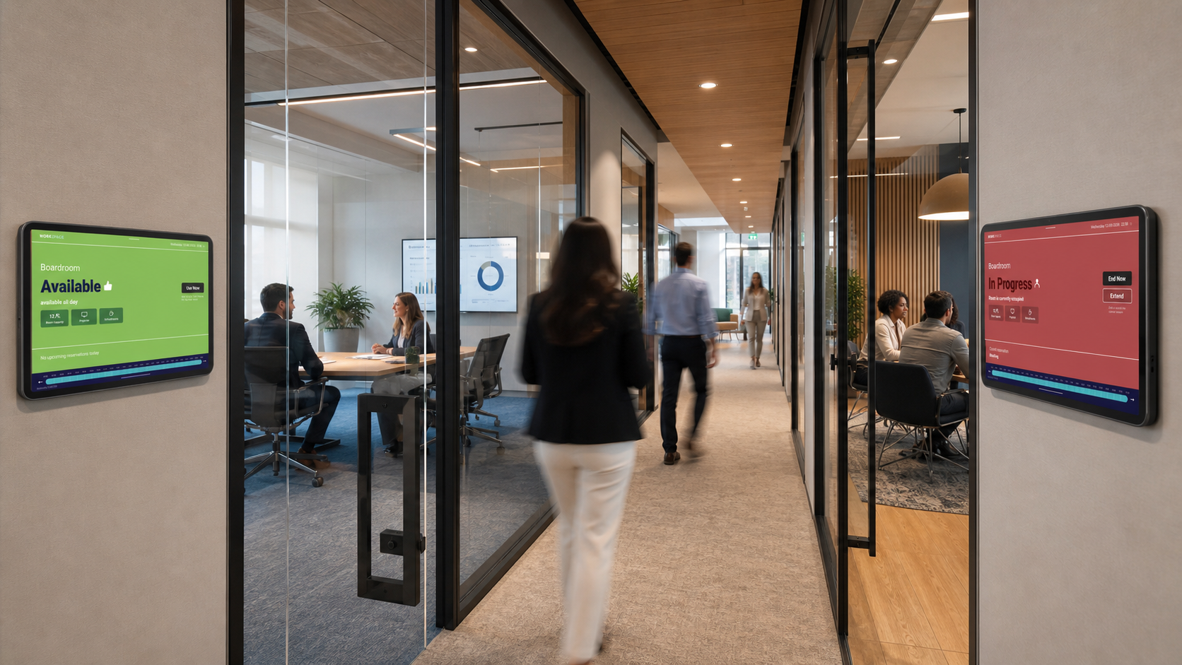 A busy modern office hallway with two conference rooms and RoomVero tablets showing Available and In Progress